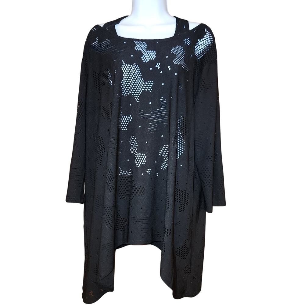 Clara‎ Sun Woo Black Sheer Honeycomb Cut Off Shoulder Long Sleeved Coverup Sz M